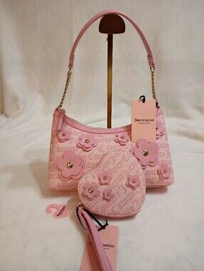 Juicy Couture Pink Floral Appliqué Shoulder Bag with Heart Coin Pouch